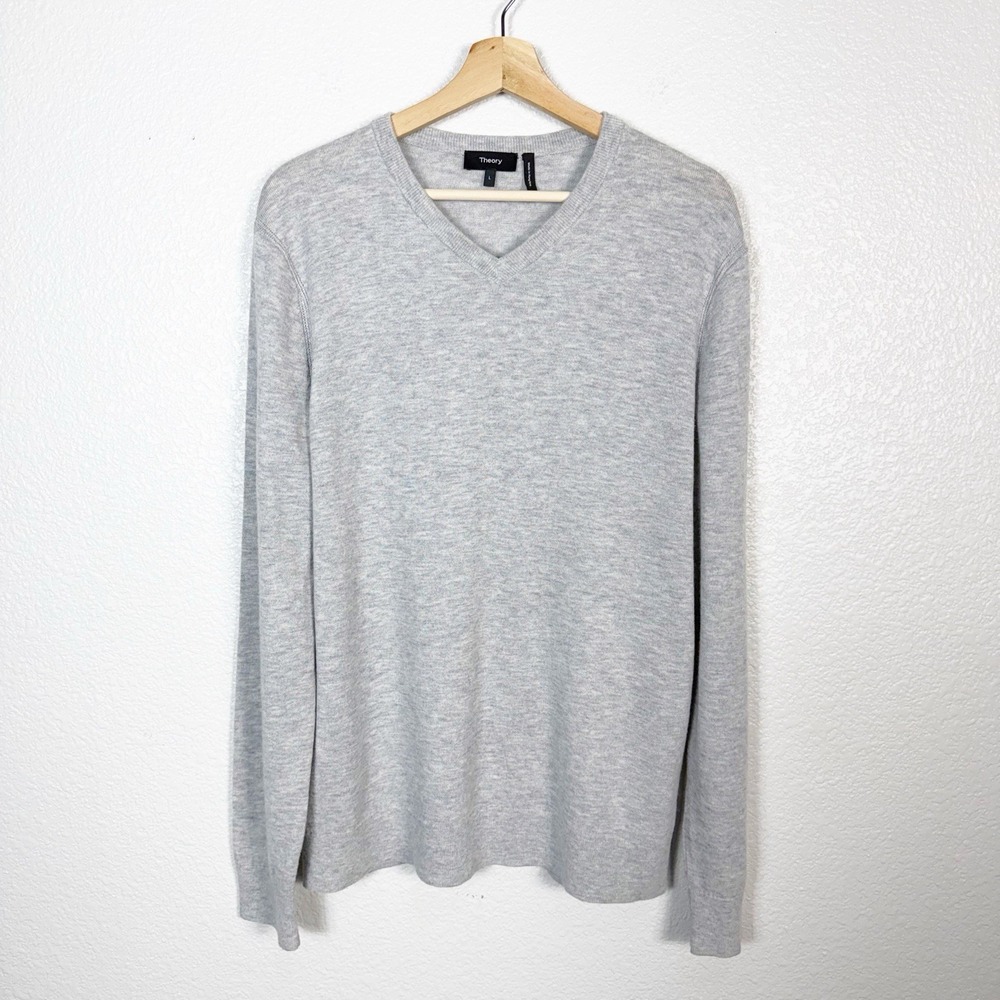 Theory Riland V-Neck Merino Wool Blend Sweater Mens Size Large Grey Knit Preppy